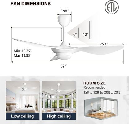 Éclairage de ventilateur de plafond de 6 vitesses 52 pouces avec commande vocale et APP à distance