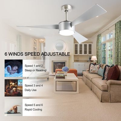 Éclairage de ventilateur de plafond argenté de 52 pouces avec télécommande